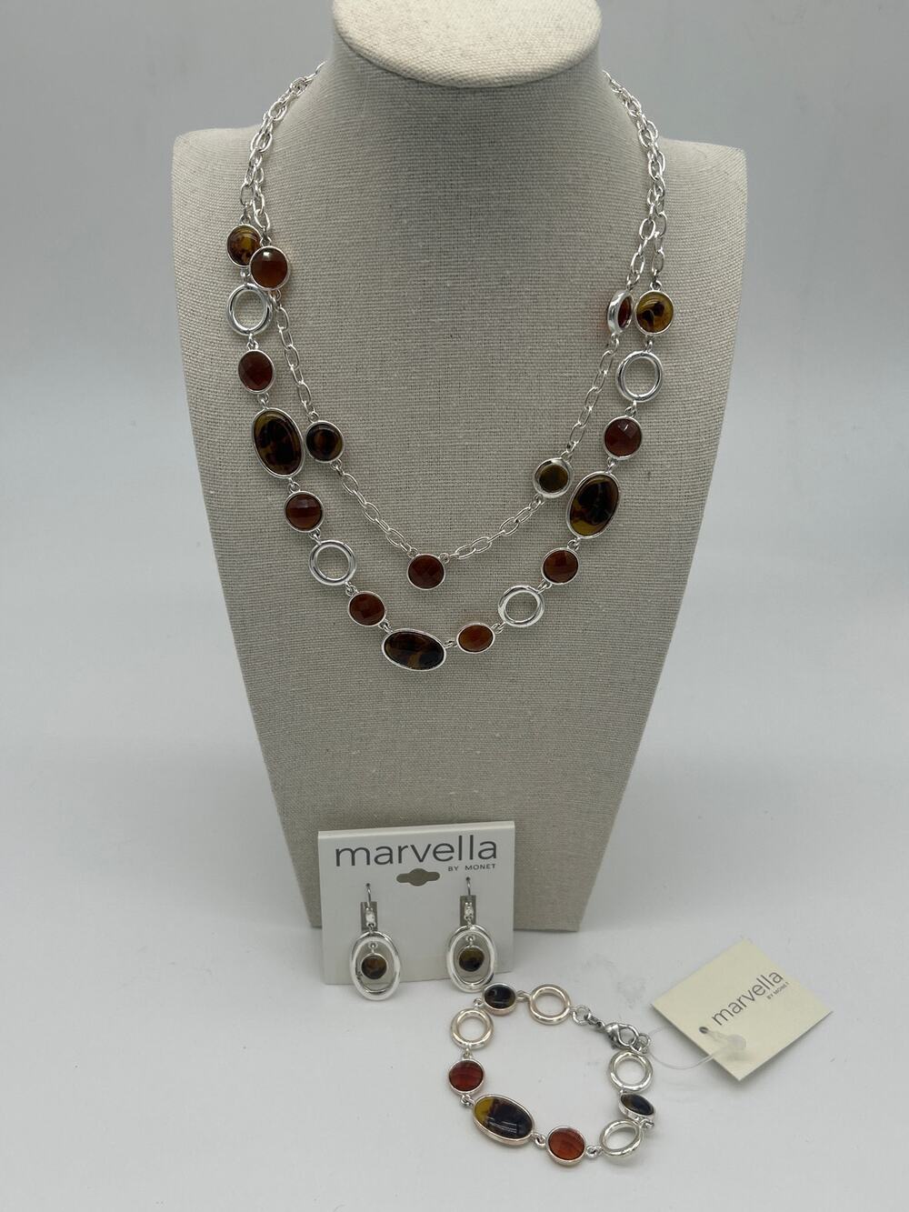 Marvella by Monet 3pc Jewelry Set NWT  Necklace Bracelet Earrings Silver Tone
